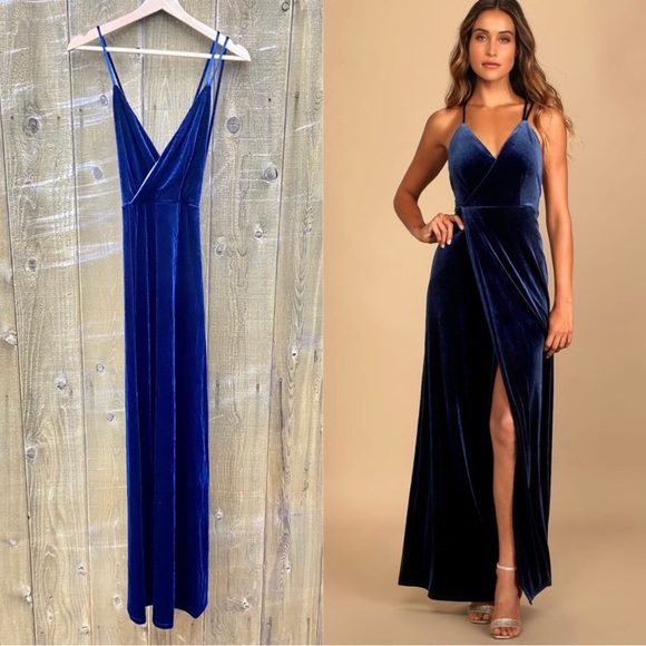 Dark Blue Velvet Luxe Faux-Wrap Backless Maxi Dress 🌿 - Picture 2 of 10